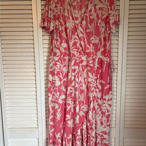Lane Bryant Floral Pink, White, and Tan Faux Wrap Dress